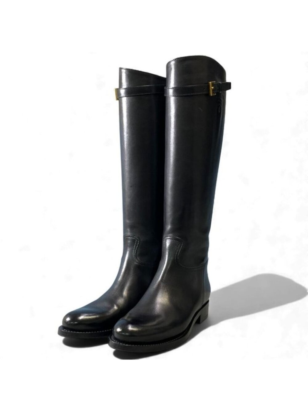 Prada Embossed Logo Long Boots with Buckle Strap 38 Black Leather Shoes Middle - Picture 2 of 11